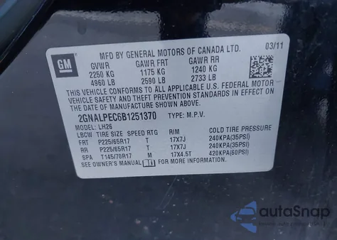 2011 Chevrolet Equinox 2Lt из США, поврежденный, VIN 2GNALPECGB1251370